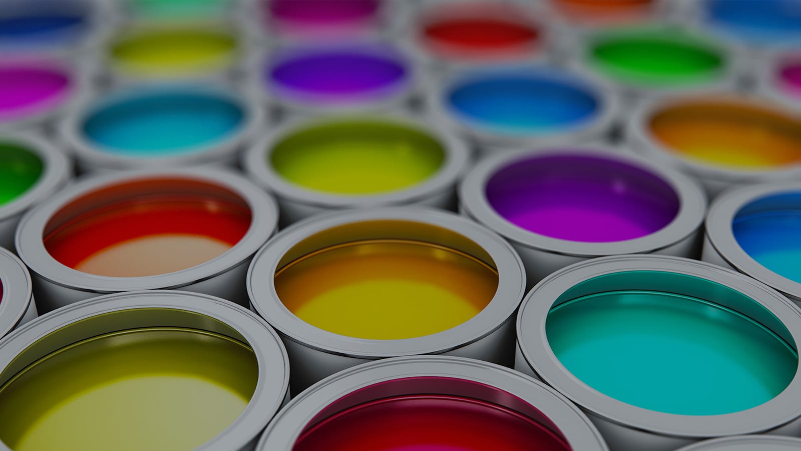 Gallon cans of colorful paint.