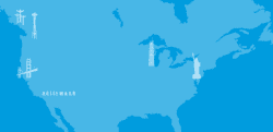 US outline with monument silhouettes.