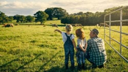 Dad with two daughters look out over a field.