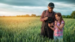 Grandad and granddaughter in a field.