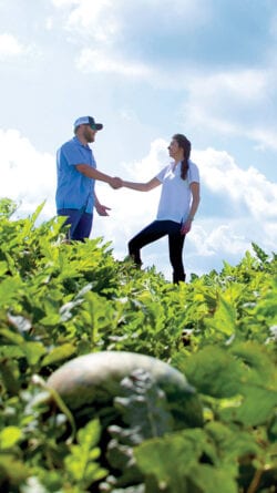 Customer and employee shaking hands in a field.