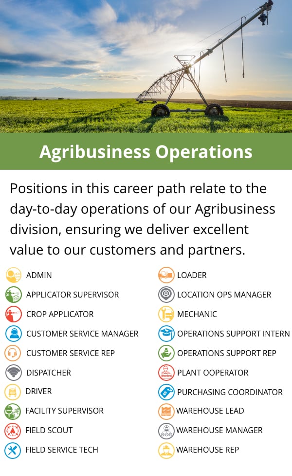 Agribusiness Operations: Positions in this career path relate to the day-to-day operations of our Agribusiness division, ensuring we deliver excellent value to our customers and partners.