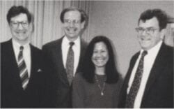 At the 1995 signing of the contract to create the WILFARM joint venture were, from left: CEO Brayton Wilbur Jr., Controller Bob Pantzer, Manager of Human Resources Ofelia Uriarte, and VP and Treasurer Herb Tully, who would become CEO in 2000.