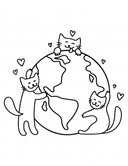 Earth Day globe with cats coloring page.