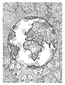 Earth Day globe with patterns coloring page.