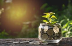 Close-Up Of Seedling With Coins In Jar On Table.