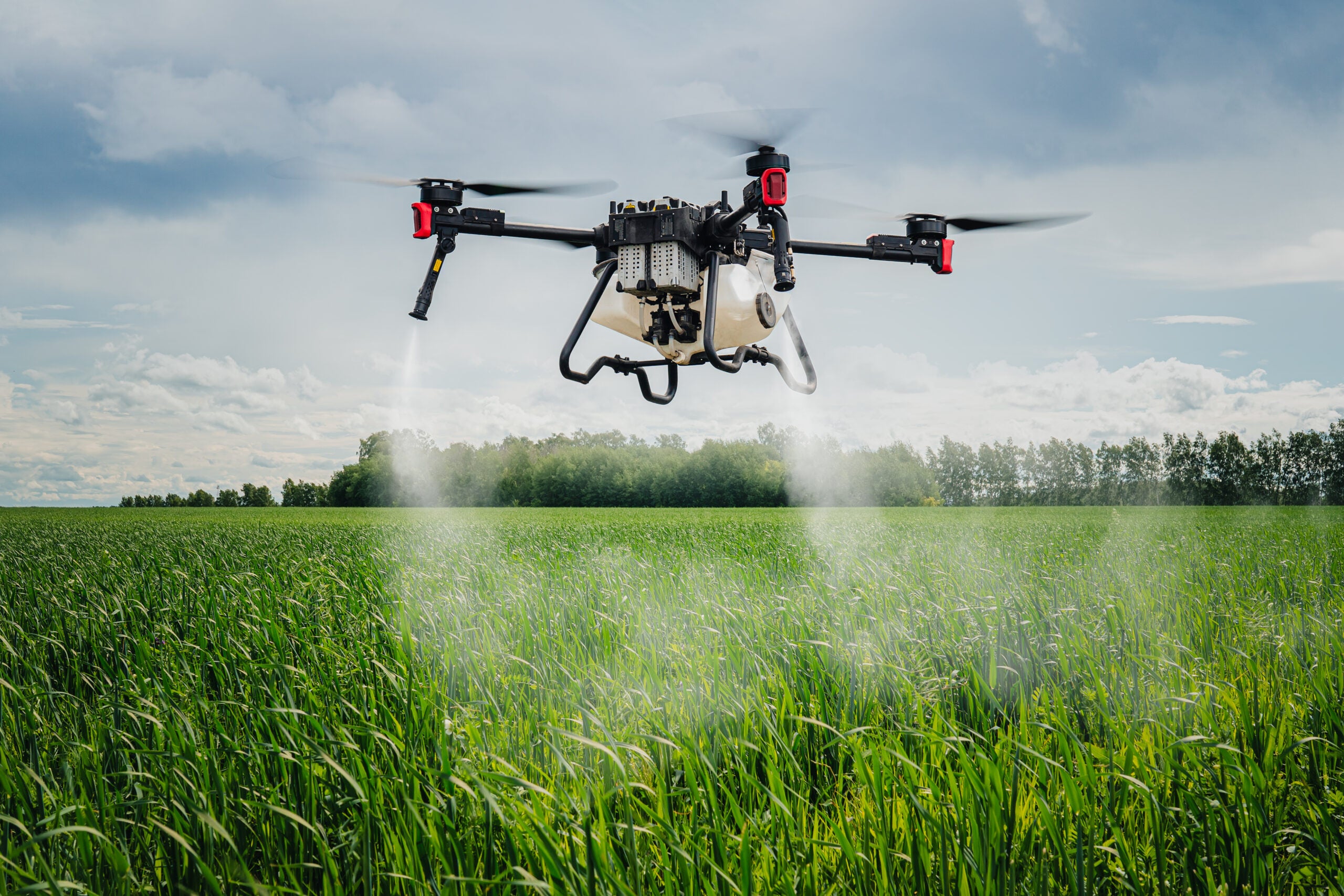 This is an image of a large agriculture drone spraying liquid fertilizer over a green field of crops.