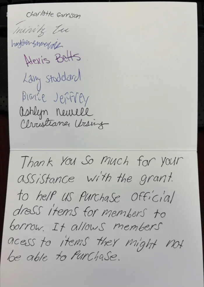 This is an image of a thank you card written by Belding FFA.