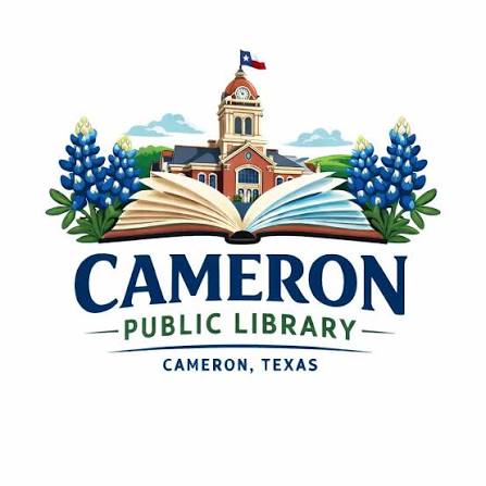 This is a vector image of the library with a book opening underneath of it. It says Cameron Public Library - Cameron, Texas.
